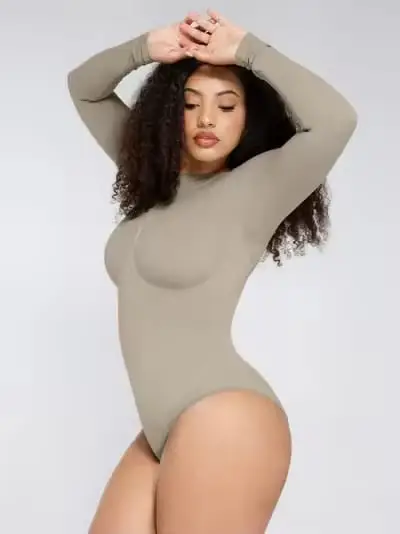 Buy UK Seamless Long Sleeve Shaping Bodysuit | Taupe Figure-Hugging Top | nonnielegance.com