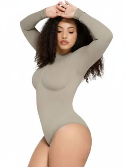 Buy UK Seamless Long Sleeve Shaping Bodysuit | Taupe Figure-Hugging Top | nonnielegance.com